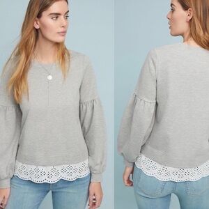 Anthropologie Gray Sweatshirt with Eyelet Lace Hem